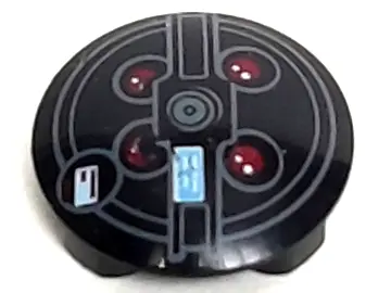 Black Plate, Round 2 x 2 with Rounded Bottom (Boat Stud) with Red Lights and Dark Bluish Gray Concen
