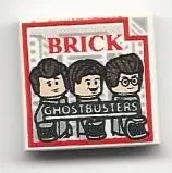 White Tile 2 x 2 with 'BRICK' and 'GHOSTBUSTERS' Pattern