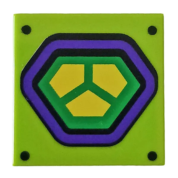 Lime Tile 2 x 2 with Dark Purple and Yellow Hexagonal Lex Luthor Power Suit Pattern