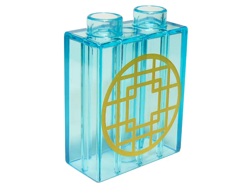 Trans-Light Blue Duplo, Brick 1 x 2 x 2 with Gold Squares in Circle Pattern
