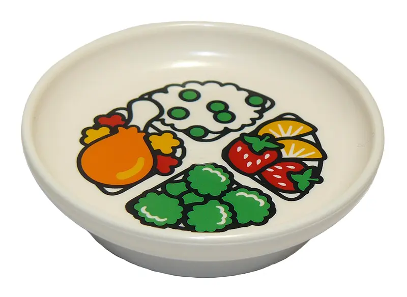 White Duplo Utensil Dish 3 x 3 with Chicken Leg, Rice with Peas, Brocolli, Strawberries, and Oranges