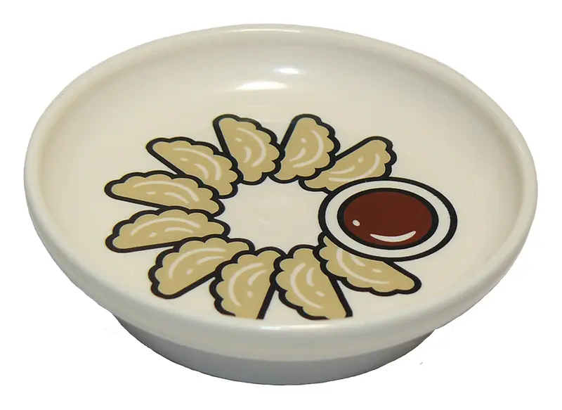 White Duplo Utensil Dish 3 x 3 with Chinese Jiaozi Dumplings and Dipping Sauce Pattern