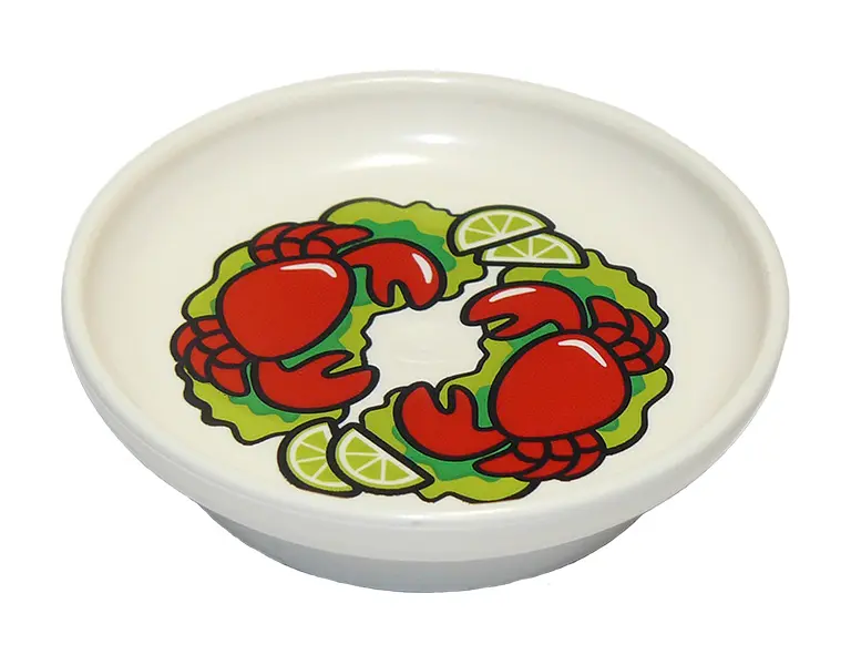 White Duplo Utensil Dish 3 x 3 with Steamed Red Crabs and Lime Slices on Lettuce Leaves Pattern