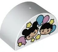 White Duplo, Brick 2 x 4 x 2 Slope Curved Double with Boy and Girl Heads, Stars, and Balloons Patter