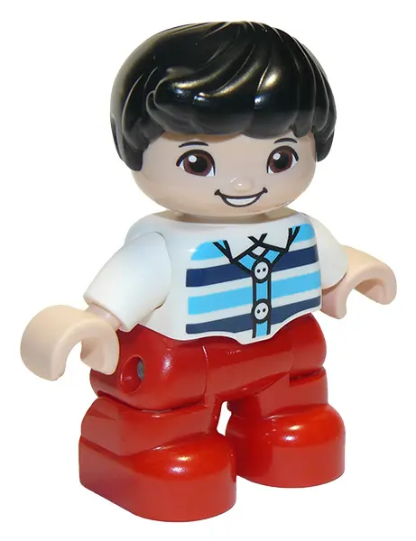 Duplo Figure Lego Ville, Child Boy, Red Legs, White Top with Medium Azure and Dark Blue Stripes, Bla