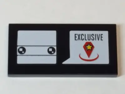 Black Tile 2 x 4 with White BrickHeadz Head and Word Balloon with 'EXCLUSIVE' and Yellow Star on Red