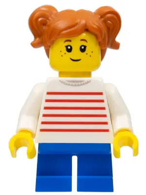 Child - Girl, White Sweater with Red Horizontal Stripes, Blue Short Legs, Dark Orange Hair with Pigt