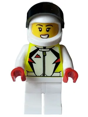 Stuntz Driver - Female, Neon Yellow Jacket, White Legs, White Helmet with Black Visor