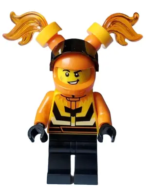 Stuntz Driver - Male, Bright Light Orange and Black Jacket, Black Legs, Orange Helmet with Flames an