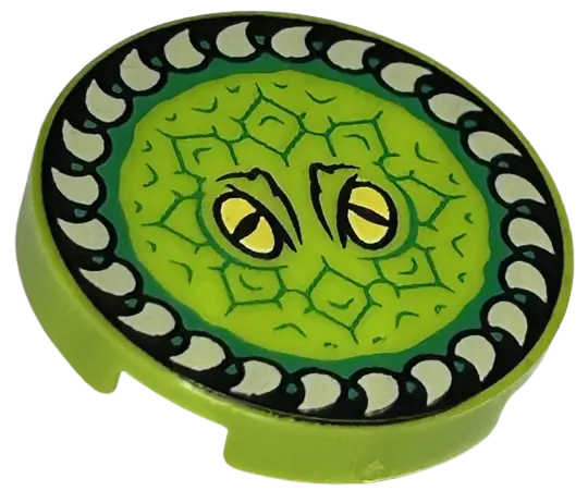 Lime Tile, Round 2 x 2 with Bottom Stud Holder with Yellow Eyes, Green Scales, and Tan Teeth / Horn 