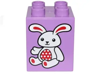 Medium Lavender Duplo, Brick 2 x 2 x 2 with White and Red Bunny / Rabbit Pattern (10845)