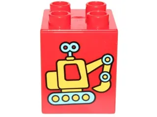 Red Duplo, Brick 2 x 2 x 2 with Yellow and Medium Azure Toy Excavator Pattern (10845)