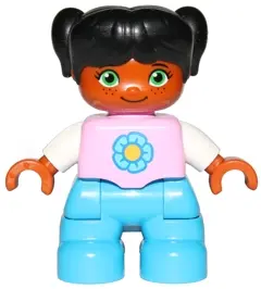 Duplo Figure Lego Ville, Child Girl, Dark Azure Legs, Bright Pink Top with Yellow and Dark Azure Flo