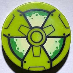 Lime Tile, Round 2 x 2 with Bottom Stud Holder with Black, Green and Yellowish Green Radioactivity W