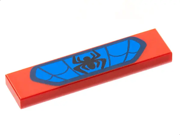Red Tile 1 x 4 with Black Spider on Blue Background with Dark Blue Border and Webbing Pattern