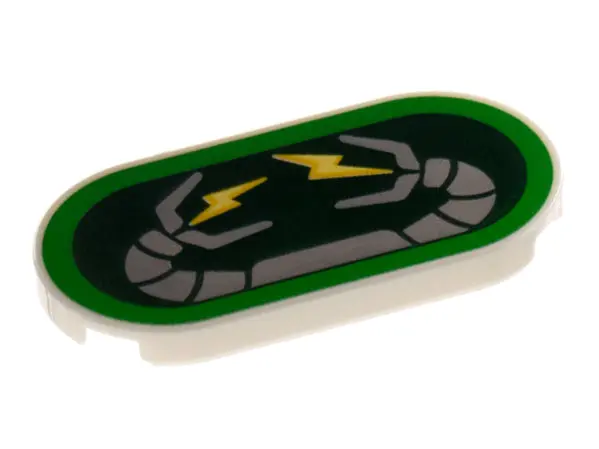 White Tile, Round 2 x 4 Oval with Light Bluish Gray Robot Arms, Yellow Lightning on Dark Green Backg