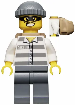 Police - Jail Prisoner 50380 Prison Stripes, Dark Bluish Gray Legs, Dark Bluish Gray Knit Cap, Backp