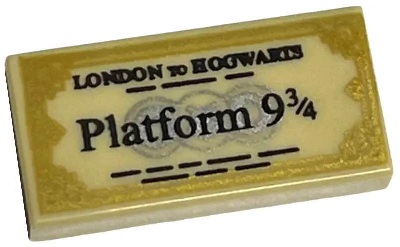 Tan Tile 1 x 2 with Black 'LONDON TO HOGWARTS' and 'Platform 9 3/4' Train Ticket with Gold Edges Pat
