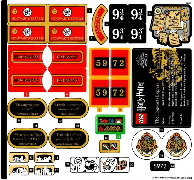 Sticker Sheet for Set 76405 - (10100778/6410897) (First Version with Errors 'GWR 5900' and 'King Cro