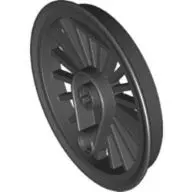 Black Train Wheel RC, Spoked with Technic Axle Hole and Counterweight, 50 mm D. (Flanged Driver)