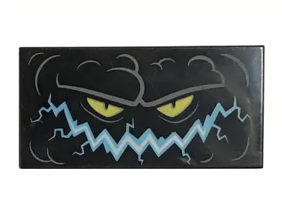 Black Tile 2 x 4 with Cloud Creature Face With Medium Blue Electrified Sinister Smile and Yellow Eye
