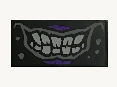 Black Tile 2 x 4 with Mouth with Sinister Smile and Crooked Teeth, Dark Bluish Gray Lips, Light Blui