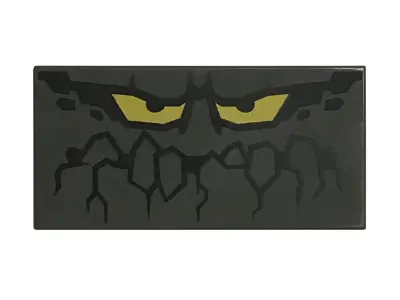 Dark Bluish Gray Tile 2 x 4 with Rock Creature Face with Jagged Mouth and Yellow Eyes Pattern