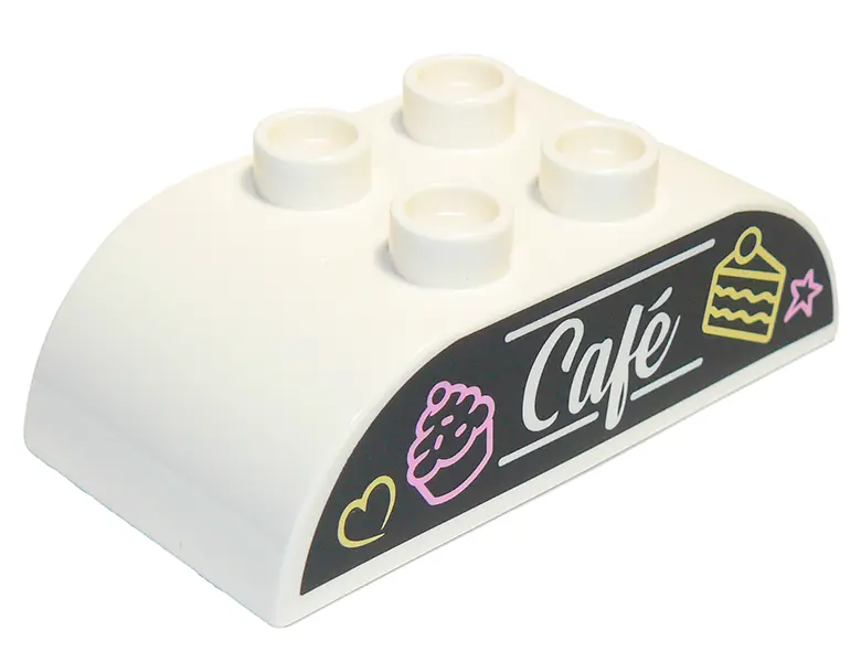 White Duplo, Brick 2 x 4 Slope Curved Double with Script 'Café' (Cafe), Bright Light Yellow Cake and