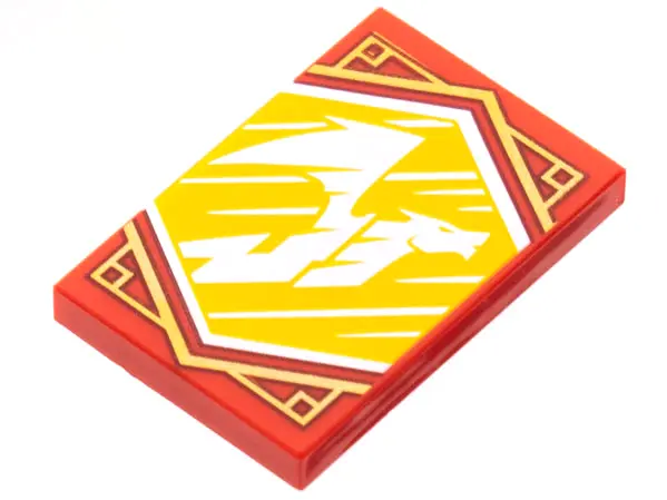 Red Tile 2 x 3 with White Dragon Flying on Bright Light Orange Background with Gold Trim Pattern (Ni