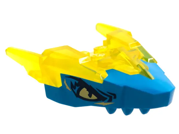 Trans-Yellow Dragon Head (Ninjago) Jaw Upper with Horns with Molded Dark Azure Face and Printed Brig