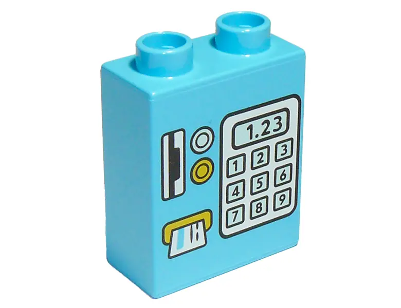 Medium Azure Duplo, Brick 1 x 2 x 2 with Keypad, Card Reader, and '1.23' Display Pattern