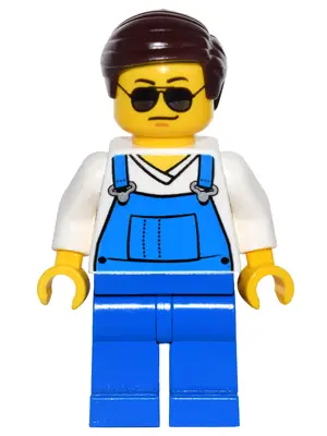 Overalls Blue over V-Neck Shirt, Blue Legs, Dark Brown Smooth Hair, Black and Silver Sunglasses, Bla