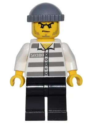 Police - Jail Prisoner 50380 Prison Stripes, Black Legs, Dark Bluish Gray Knit Cap, Beard Stubble an