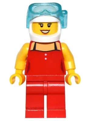 Red Female Top with 2 White Buttons and Black Straps, Red Legs, White Helmet, Scuba Mask, Peach Lips