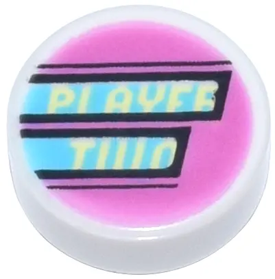 White Tile, Round 1 x 1 with Bright Light Yellow 'PLAYER TWO' and Medium Azure Stripes on Dark Pink 