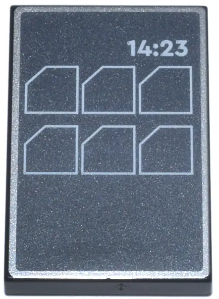 Black Tile 2 x 3 with Console with Silver Border, White Menu Icons and '14:23' on Dark Silver Backgr