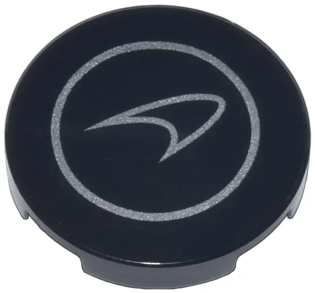 Black Tile, Round 2 x 2 with Bottom Stud Holder with Silver McLaren Logo in Circle Pattern