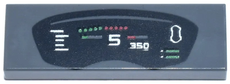 Dark Bluish Gray Tile 1 x 3 with Black Dashboard Display with Red and Green Lights and Gauges, White