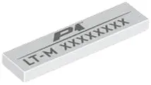 White Tile 1 x 4 with Dark Silver 'P1', 'LT-M' and 8-Digit Serial Number Pattern