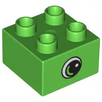 Bright Green Duplo, Brick 2 x 2 with Eye, Small with White Spot and Curve Pattern on Opposite Sides