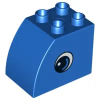 Blue Duplo, Brick 2 x 3 x 2 Slope Curved with Circled Black Eye with Arc and White Pupil Pattern on 