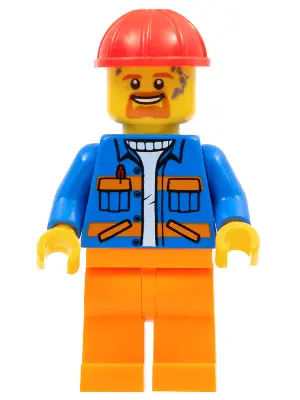 Blue Jacket with Diagonal Lower Pockets and Orange Stripes, Orange Legs, Red Construction Helmet