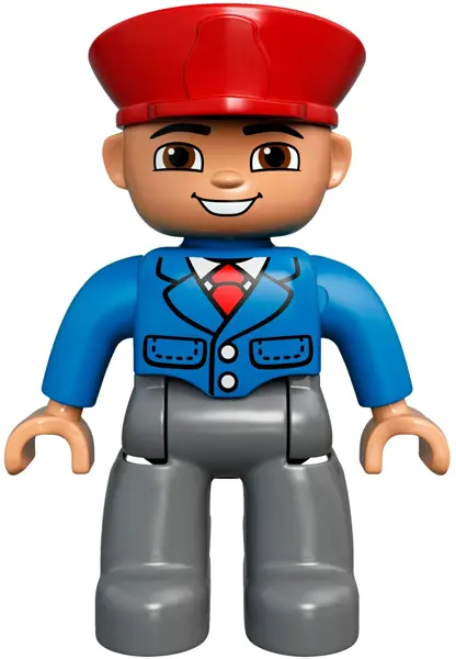 Duplo Figure Lego Ville, Male, Dark Bluish Gray Legs, Blue Jacket with Tie, Red Hat, Smile with Teet