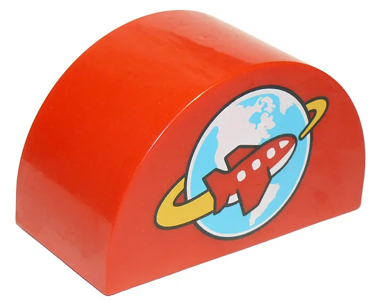 Red Duplo, Brick 2 x 4 x 2 Slope Curved Double with Airplane Circling Globe Pattern