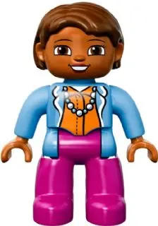 Duplo Figure Lego Ville, Female, Magenta Legs, Medium Blue Top with Necklace, Dark Orange Head, Redd
