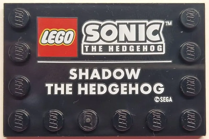 Black Tile, Modified 4 x 6 with Studs on Edges with LEGO Sonic the Hedgehog Logo and White 'SHADOW T