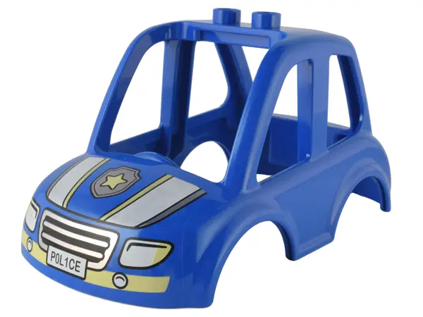 Blue Duplo Car Body High Cab 2 Top Studs with Silver, White and Bright Light Yellow Headlights, Gril