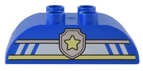 Blue Duplo, Brick 2 x 4 Slope Curved Double with Silver, White, and Bright Light Yellow Lines and Po