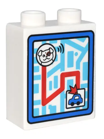 White Duplo, Brick 1 x 2 x 2 with Map of Town with Blue Police Car, White Dog, and Red Route Pattern