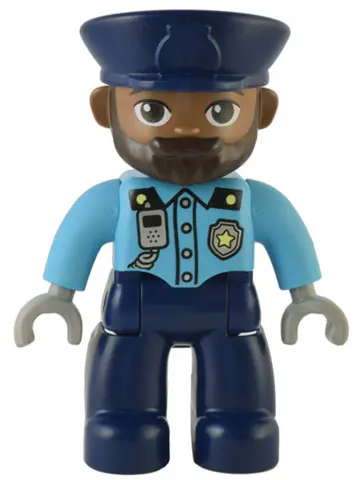 Duplo Figure Lego Ville, Male Police, Dark Blue Legs, Medium Azure Top with Silver Badge and Radio, 